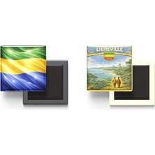 İberk Buzdolap Magnetleri - Gabon Bayrağı ve Retro Tema - 2'li Set Magneti