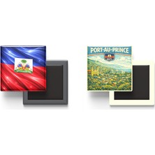 İberk Buzdolap Magnetleri - Haiti Bayrağı ve Retro Tema - 2'li Set Magneti
