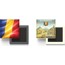 İberk Buzdolap Magnetleri - Romanya Bayrağı ve Retro Tema - 2'li Set Magneti
