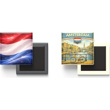 İberk Buzdolap Magnetleri - Hollanda Bayrağı ve Retro Tema - 2'li Set Magneti