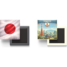 İberk Buzdolap Magnetleri - Japonya Bayrağı ve Retro Tema - 2'li Set Magneti