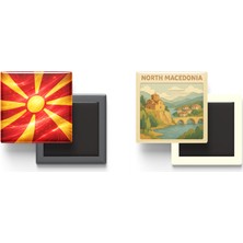 İberk Buzdolap Magnetleri - Kuzey Makedonya Bayrağı ve Paper Cut Tema - 2'li Set Magneti