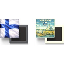 İberk Buzdolap Magnetleri - Finlandiya Bayrağı ve Retro Tema - 2'li Set Magneti