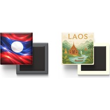 İberk Buzdolap Magnetleri - Laos Bayrağı ve Paper Cut Tema - 2'li Set Magneti