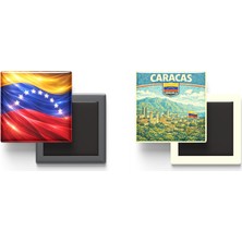 İberk Buzdolap Magnetleri - Venezuela Bayrağı ve Retro Tema - 2'li Set Magneti