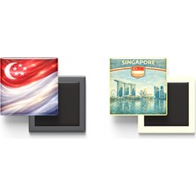 İberk Buzdolap Magnetleri - Singapur Bayrağı ve Retro Tema - 2'li Set Magneti