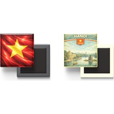 İberk Buzdolap Magnetleri - Vietnam Bayrağı ve Retro Tema - 2'li Set Magneti