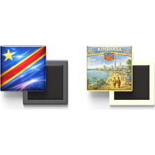 İberk Buzdolap Magnetleri - Kongo Demokratik Cumhuriyeti Bayrağı ve Retro Tema - 2'li Set Magneti
