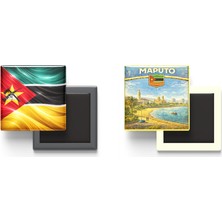 İberk Buzdolap Magnetleri - Mozambik Bayrağı ve Retro Tema - 2'li Set Magneti