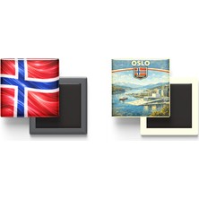 İberk Buzdolap Magnetleri - Norveç Bayrağı ve Retro Tema - 2'li Set Magneti
