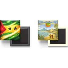 İberk Buzdolap Magnetleri - Sao Tome ve Principe Bayrağı ve Retro Tema - 2'li Set Magneti