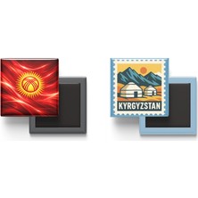 İberk Buzdolap Magnetleri - Kırgızistan Bayrağı ve Posta Pulu Tema - 2'li Set Magneti