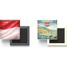 İberk Buzdolap Magnetleri - Monako Bayrağı ve Retro Tema - 2'li Set Magneti