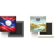 İberk Buzdolap Magnetleri - Laos Bayrağı ve Retro Tema - 2'li Set Magneti