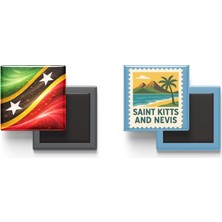 İberk Buzdolap Magnetleri - Saint Kitts ve Nevis Bayrağı ve Posta Pulu Tema - 2'li Set Magneti