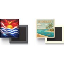 İberk Buzdolap Magnetleri - Kiribati Bayrağı ve Paper Cut Tema - 2'li Set Magneti