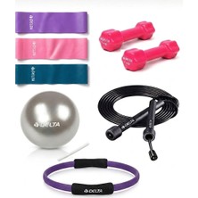 Delta 5 Parça Pilates & Fitness Seti Pilates Bant, Atlama Ipi, 2x1 kg Pvc Kaplama Dambıl, 25 cm Pilates Topu,35 cm Pilates Çemberi