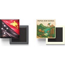 İberk Buzdolap Magnetleri - Papua Yeni Gine Bayrağı ve Paper Cut Tema - 2'li Set Magneti
