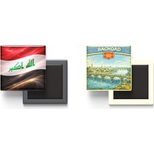 İberk Buzdolap Magnetleri - Irak Bayrağı ve Retro Tema - 2'li Set Magneti