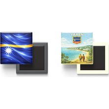 İberk Buzdolap Magnetleri - Nauru Bayrağı ve Retro Tema - 2'li Set Magneti
