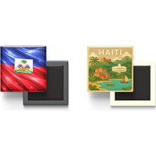 İberk Buzdolap Magnetleri - Haiti Bayrağı ve Paper Cut Tema - 2'li Set Magneti