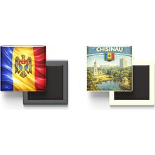 İberk Buzdolap Magnetleri - Moldova Bayrağı ve Retro Tema - 2'li Set Magneti