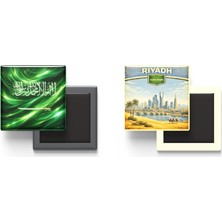 İberk Buzdolap Magnetleri - Suudi Arabistan Bayrağı ve Retro Tema - 2'li Set Magneti