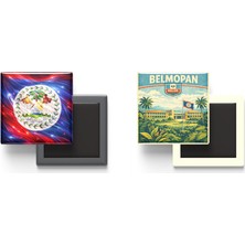 İberk Buzdolap Magnetleri - Belize Bayrağı ve Retro Tema - 2'li Set Magneti