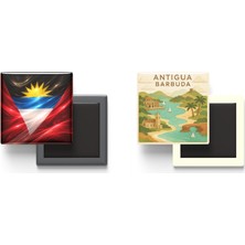 İberk Buzdolap Magnetleri - Antigua ve Barbuda Bayrağı ve Paper Cut Tema - 2'li Set Magneti