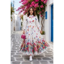 Harma Time Butik Kadın Düğmeli Çiçek Desenli Modal Beyaz Elbise