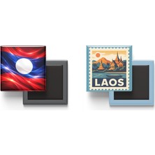 İberk Buzdolap Magnetleri - Laos Bayrağı ve Posta Pulu Tema - 2'li Set Magneti