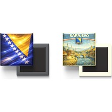 İberk Buzdolap Magnetleri - Bosna-Hersek Bayrağı ve Retro Tema - 2'li Set Magneti