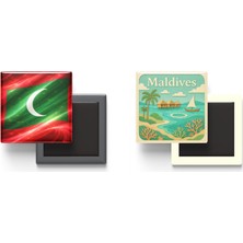 İberk Buzdolap Magnetleri - Maldivler Bayrağı ve Paper Cut Tema - 2'li Set Magneti