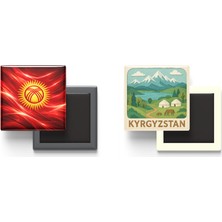 İberk Buzdolap Magnetleri - Kırgızistan Bayrağı ve Paper Cut Tema - 2'li Set Magneti