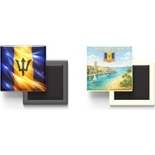İberk Buzdolap Magnetleri - Barbados Bayrağı ve Retro Tema - 2'li Set Magneti