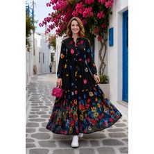 Harma Time Butik Kadın Düğmeli Çiçek Desenli Modal Siyah Elbise