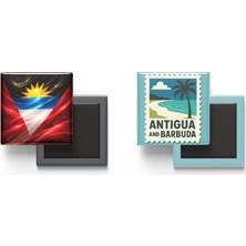 İberk Buzdolap Magnetleri - Antigua ve Barbuda Bayrağı ve Posta Pulu Tema - 2'li Set Magneti