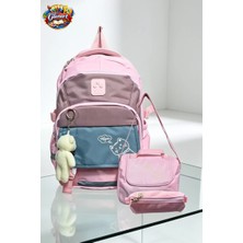 Glanart Astarlı 5 Bölümlü Ilk Öğretim Çantası Termoslu Beslenme+ Kalemlik  Set Su Geçirmez Kumaş Pembe