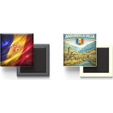 İberk Buzdolap Magnetleri - Andorra Bayrağı ve Retro Tema - 2'li Set Magneti