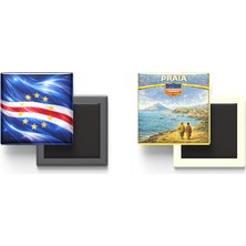 İberk Buzdolap Magnetleri - Cabo Verde Bayrağı ve Retro Tema - 2'li Set Magneti