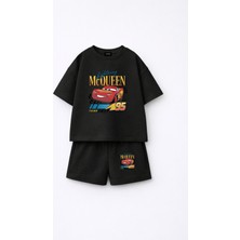 Fasardi Cars Arabalar Şimşek McQueen Baskılı Oversize %100 Pamuk Tişört Şort Çocuk 2li Takım