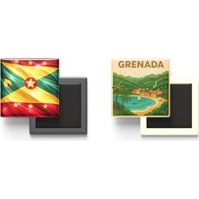 İberk Buzdolap Magnetleri - Grenada Bayrağı ve Paper Cut Tema - 2'li Set Magneti
