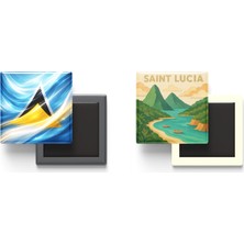 İberk Buzdolap Magnetleri - Saint Lucia Bayrağı ve Paper Cut Tema - 2'li Set Magneti
