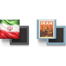 İberk Buzdolap Magnetleri - Iran Bayrağı ve Posta Pulu Tema - 2'li Set Magneti