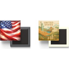 İberk Buzdolap Magnetleri - Amerika Birleşik Devletleri Bayrağı ve Paper Cut Tema - 2'li Set Magneti