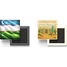 İberk Buzdolap Magnetleri - Özbekistan Bayrağı ve Paper Cut Tema - 2'li Set Magneti