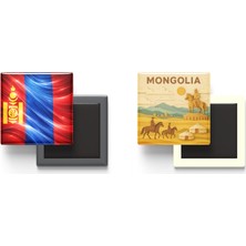 İberk Buzdolap Magnetleri - Moğolistan Bayrağı ve Paper Cut Tema - 2'li Set Magneti