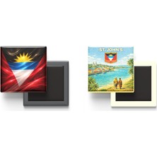 İberk Buzdolap Magnetleri - Antigua ve Barbuda Bayrağı ve Retro Tema - 2'li Set Magneti