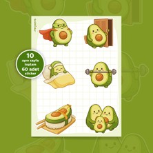 To Design Lab Sevimli Avokado Sticker Seti | Kawaii Avokado Sticker 10 Aynı Sayfa/60 Adet Sticker 11X15 cm