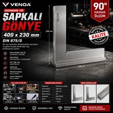 Venoa Ekonomik Tip Şapkalı Gönye 400x230 mm DIN 875 Paslanmaz Çelik Hassas Ölçüm Gönyesi